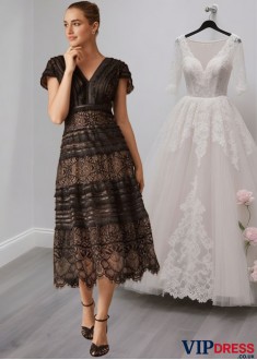 Lace Tea Length Mother of the Bride Dress with V-Neck and Cap Sleeves