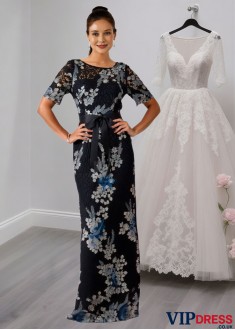 Floral Lace Embroidered Sheath Mother of the Bride Dress with Applique