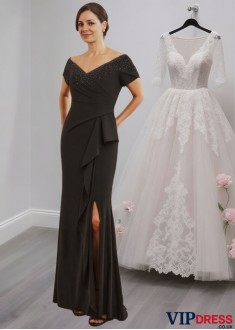 Black V-Neck Mother of the Bride Dress with Beads and Ruffle Split