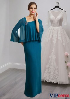 Flowing Teal Chiffon Mother of the Bride Dress with Asymmetrical Neck and Long Sleeves