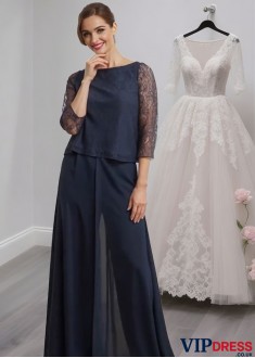 Two-Piece Chiffon Mother of the Bride Pantsuit with Lace Sleeves