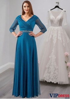 Chiffon V-Neck A-Line Mother of the Bride Gown with Beads and Pleats