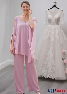 Two-Piece Chiffon Mother of the Bride Pantsuit with V Neck and Split Sleeves