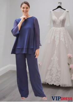 Asymmetric Long Sleeve Chiffon Mother of the Bride Pantsuit