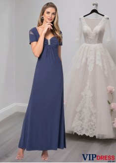 V-Neck Short Sleeves Chiffon Mother of the Bride Dress Floor-Length