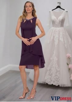 Grape Chiffon Beaded Cutout Knee-Length Mother of the Bride Dress