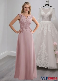 Pink Chiffon A-Line Mother of the Bride Dress with Scoop Neck and Lace Appliques