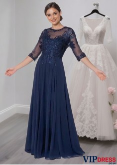 Lace Embroidered Chiffon A-Line Mother of the Bride Dress with Beads