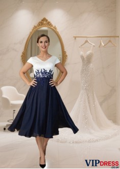 Tea-Length V-Neck Chiffon Mother of the Bride Dress with Applique and Short Sleeves