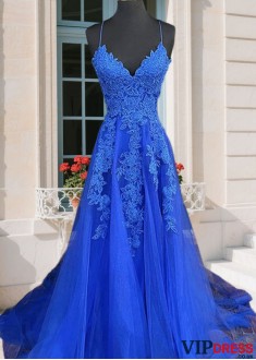 Blue Tulle V-Neck Prom Dress with Appliques –Spaghetti Strap Evening Gown