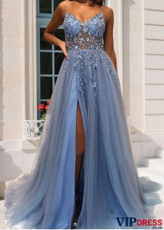 Elegant Spaghetti Straps Tulle Prom Dress with Beading & Sequins Split UK