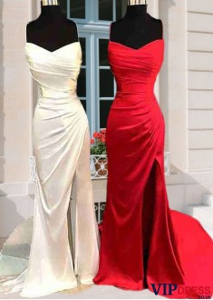 Elegant Satin V-Neck Prom Dress with Split – Spaghetti Strap Formal Gown UK