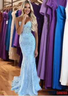 Sky Blue Strapless Mermaid Prom Dress with Corset Back and Beaded Appliques