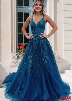 Long A-Line Formal Dress – Lace Applique Backless Tulle Ball Gown for Women UK