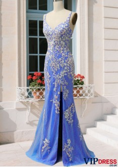 Mermaid Prom Dress with Side Slit – Long Lace Embroidered Evening Gown UK