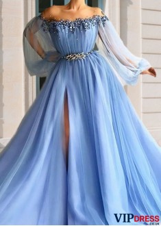 Sky Blue Long-Sleeve Evening Dress with Slit – A Line Prom Gown UK