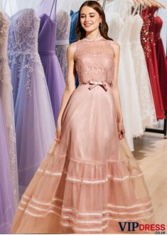 Pink Scoop Neck Tulle Lace Long Prom Dress with A-Line Silhouette