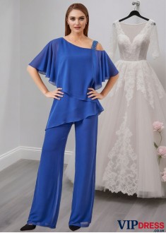 Royal Blue Chiffon Asymmetrical Neck Mother of the Bride and Groom Pantsuit