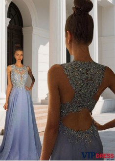 Scoop Neck Sleeveless Chiffon Long Prom Dresses with Applique In UK