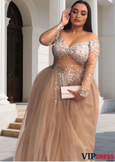 Elegant Off-Shoulder Long Prom Evening Dress – Tulle Ball Gown with Sequin