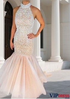 Sexy Long Prom Evening Dress – Halter Tulle Mermaid Gown with Beading
