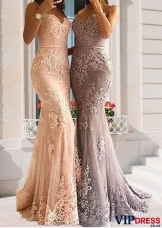 Spaghetti Straps Tulle Long Prom Evening Dress with Lace Sheath Gowns