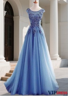 Long Prom Evening Dress – Tulle Jewel Neck Ball Gown with Applique
