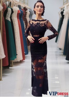 Elegant Lace Mermaid Long Prom Evening Dress with Bateau Neck & Sweep Train