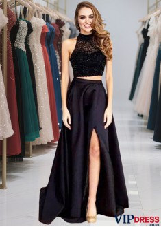 Two Piece Halter Satin Prom Evening Dresses with Beading