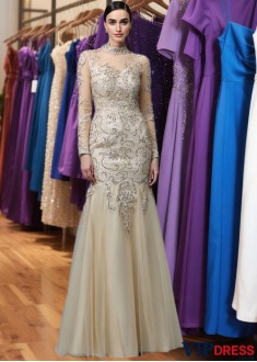 Sexy Mermaid Prom Evening Dress with Applique – High Neck Long Sleeve Gown