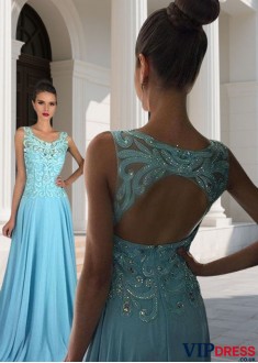 Scoop Neck Long Evening Dress – Chiffon Prom Gowns with Appliques