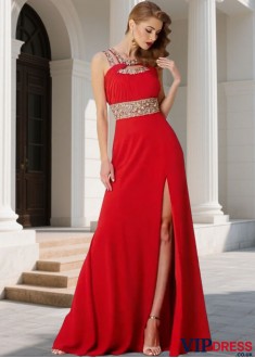 Prom Evening Dresses – Chiffon Scoop Neck A Line Gown with Beading UK