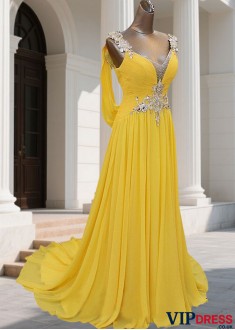 Yellow Long Prom Evening Dress with Straps and Beading – A Line Gowns