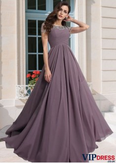 Chiffon Long Prom Evening Dress with Beading – Short Sleeve Gown for All Seasons