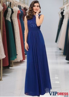 Sleeveless Lace Chiffon A-Line Long Prom Evening Dress with Ruched
