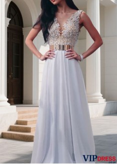 Long Prom Evening Dresses – V-Neck Chiffon Gowns with Beading