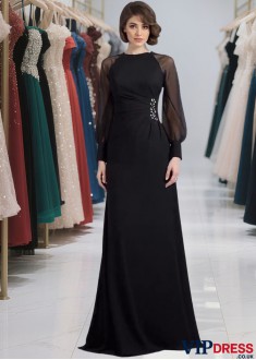 Elegant Scoop Neck Long Sleeve Chiffon Prom Evening Dress with Sweep Train