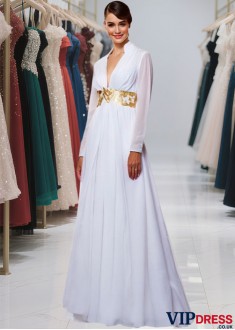 V-Neck Chiffon Prom Evening Dress Floor Length With Long Sleeves
