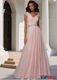V-Neck Prom Evening Dress – Ruffle A Line Gown with Cap Sleeves