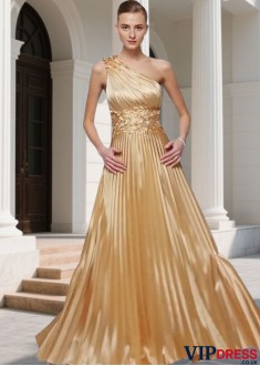 Prom Evening Dress – One Shoulder Satin A Line Gown with Flowers