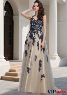 Sexy Prom Evening Dress – A Line Floor Length Gown with Appliques