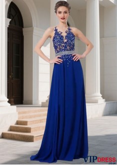 Women Prom Evening Dress – Sheer Neck A Line Gown with Appliques