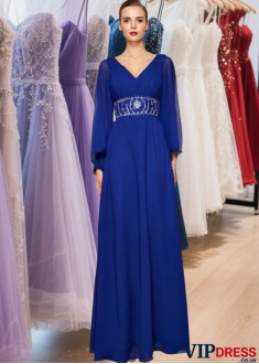 Beaded V-Neck Long Sleeve Chiffon Prom Evening Dress Floor Length