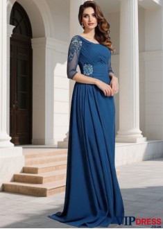 Sexy Chiffon Square Neck Prom Evening Dress with Ruched Detail & Half Sleeves