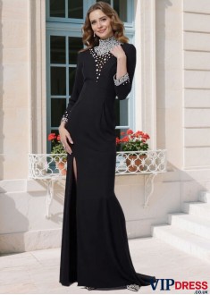 High Neck Long Sleeve Prom Dress with Rhinestones – Sheath Evening Gown UK