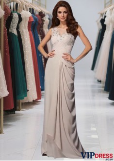Sexy Chiffon Bateau Neck Mermaid Prom Evening Dress with Lace & Sweep Train