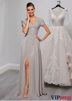 V-Neck Mother of the Bride Evening Dress – Floor Length A-Line with Short Sleeves