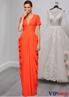 Chiffon V-Neck Floor-Length Mother of the Bride Evening Dress with Pleats