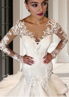 V-Neck Lace Backless Mermaid Bridal Gown with Court Train