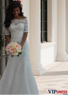 Off-The-Shoulder Lace Mermaid Wedding Dress with 1/2 Sleeves Bridal Gown